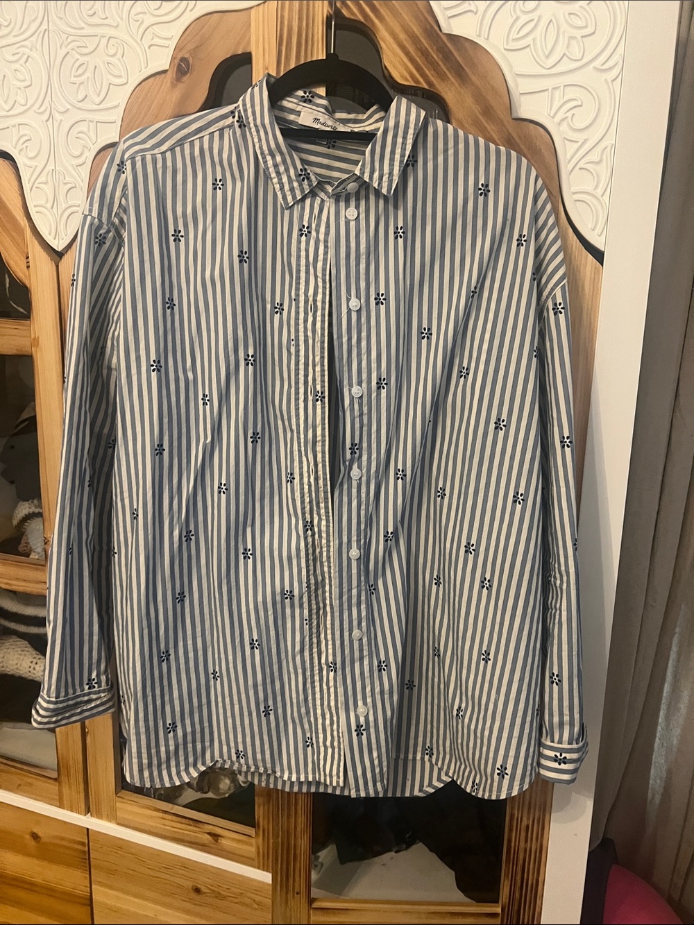 Madewell Blue and White Striped Button-Down Shirt with Navy Embroidery